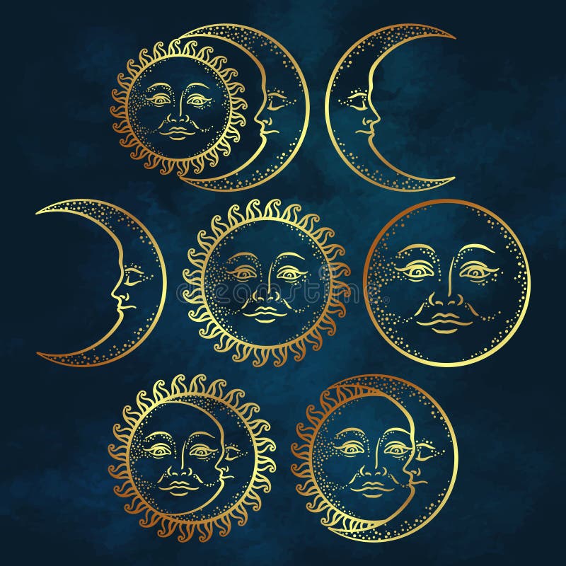 Boho chic flash tattoo design hand drawn art gold sun and crescent moon set. Antique style design vector illustration stock illustration Boho chic flash tattoo design hand drawn art gold sun and crescent moon set. Antique style design vector illustration stock illustration