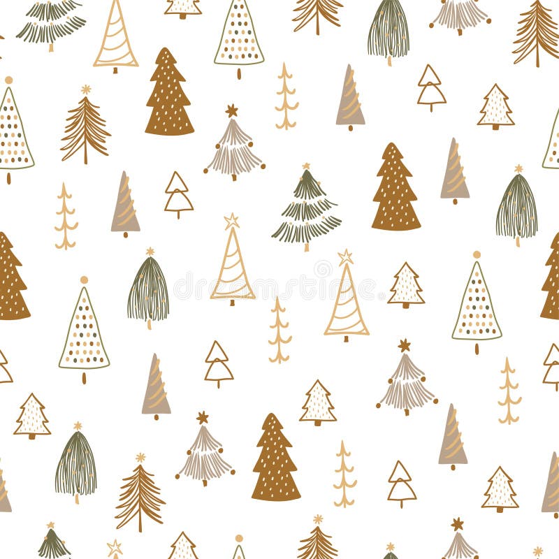 Boho Christmas tree seamless pattern with cute rustic fir trees. Vector repeat background, textile design, winter wrap stock photography