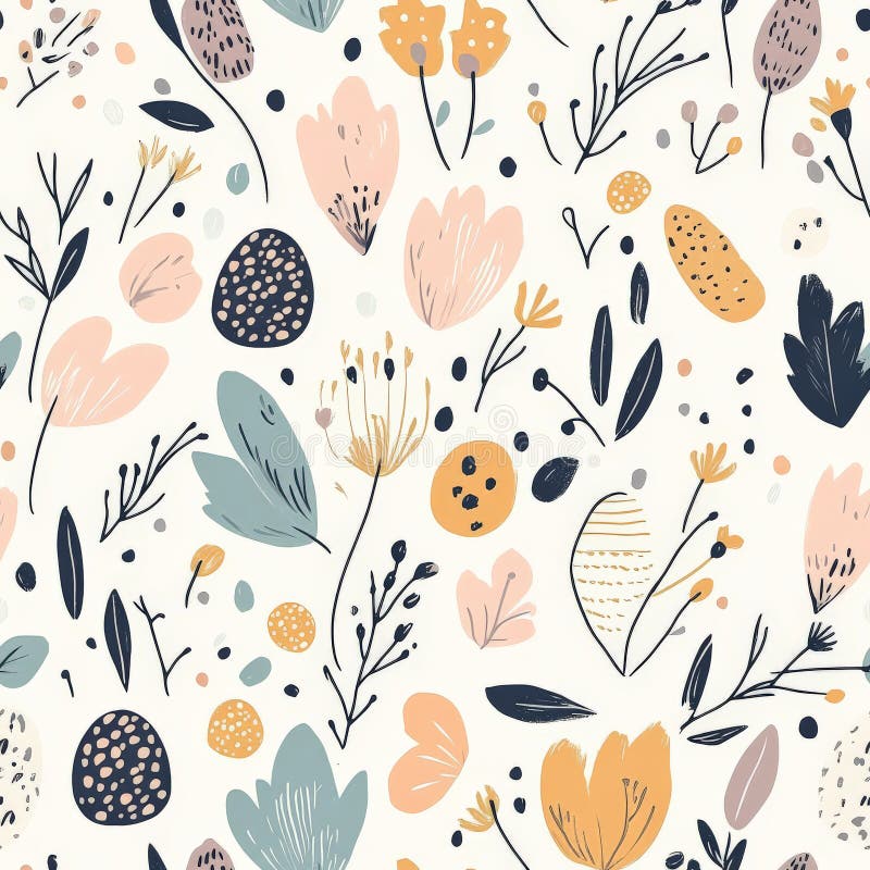 A boho floral Easter pattern with hand-drawn botanical elements and subtle pastel tones royalty free stock photography