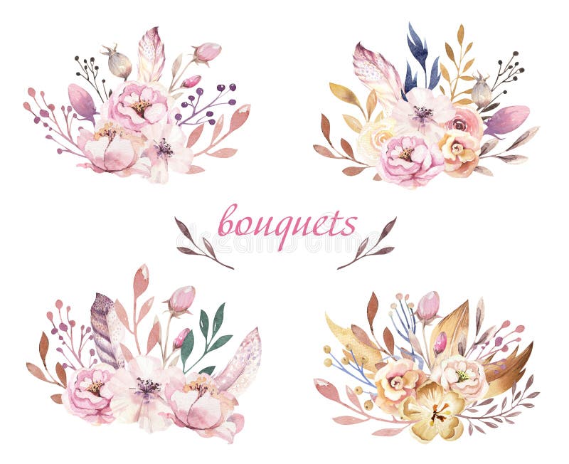 Boho flower set. Colorful floral collection with leaves and flowers, drawing watercolor. Spring or summer bouquet design vector illustration Boho flower set. Colorful floral collection with leaves and flowers, drawing watercolor. Spring or summer bouquet design vector illustration