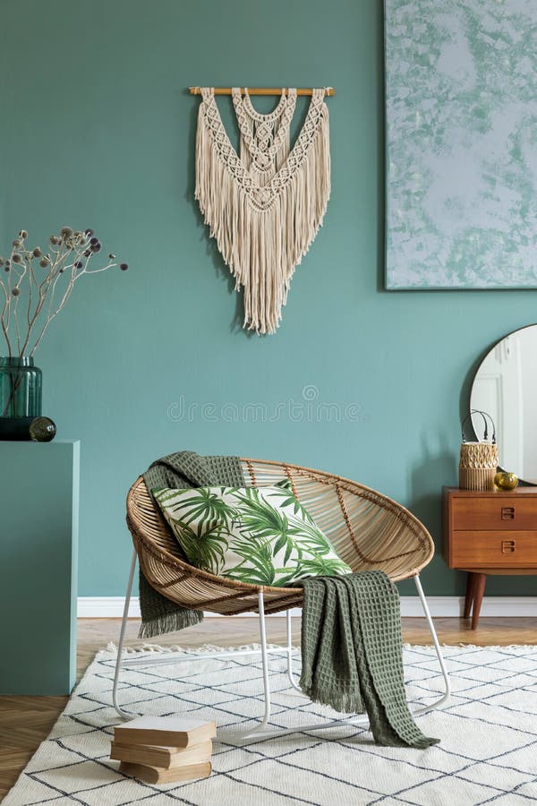 Boho Interior Design of Living Room with Rattan Armchair. Stock Photo ...