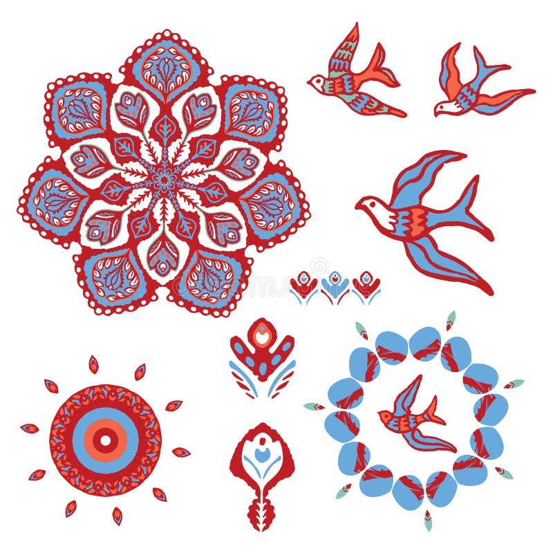 Boho Mandala με τα πουλιά που πετούν τα διανυσματικά στοιχεία καθορισμένα απεικόνιση αποθεμάτων Boho Mandala με τα πουλιά που πετούν τα διανυσματικά στοιχεία καθορισμένα απεικόνιση αποθεμάτων