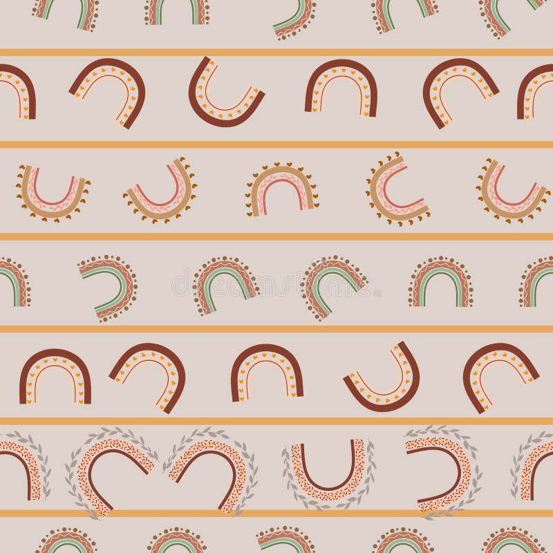 Boho rainbows and stripes seamless vector pattern on beige background