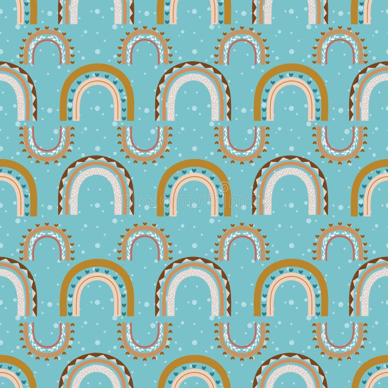 Boho rainbows vector repeat pattern on turquoise background