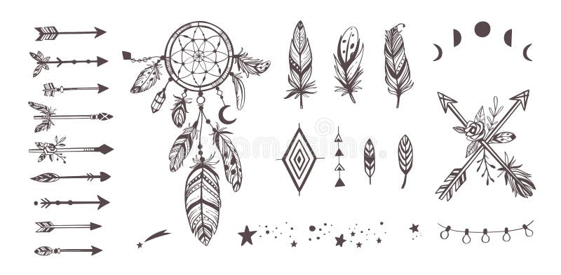 Boho Style Vector Collection for Tattoo, Icon, Flyers,cards with  Dreamcatcher ,feathers,moon,wild,arrow Stock Vector - Illustration of  lettering, pattern: 144170074