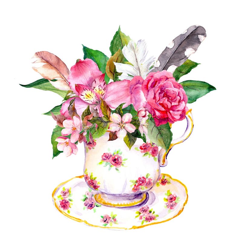 Boho tea cup with rose flowers and feathers. Watercolor