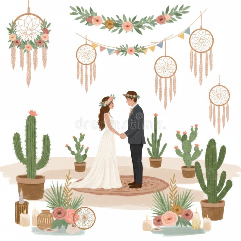 Boho Wedding Couple med Cactus och Dreamcatchers vektor illustrationer