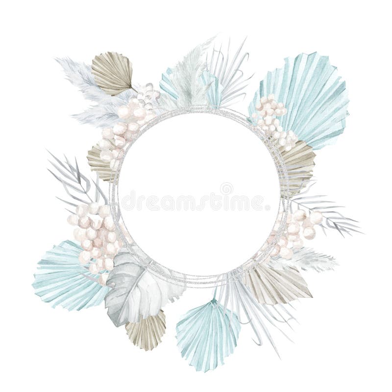 Boho winter floral frame with watercolor white tropical twigs, leaves, pampas grass, flowers. Round frame wreath royalty free illustration Boho winter floral frame with watercolor white tropical twigs, leaves, pampas grass, flowers. Round frame wreath royalty free illustration
