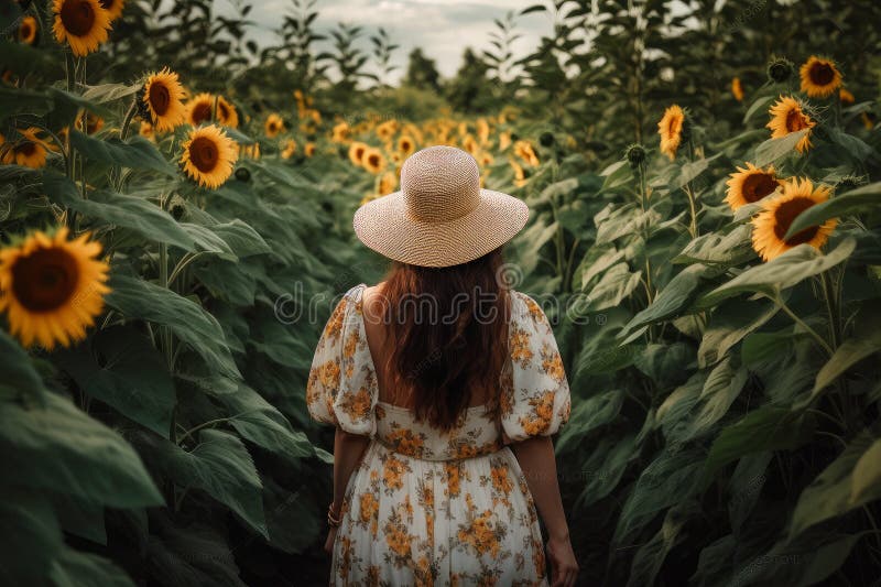 Boho woman in hat seen from behind. flowers field , ai generative stock illustration