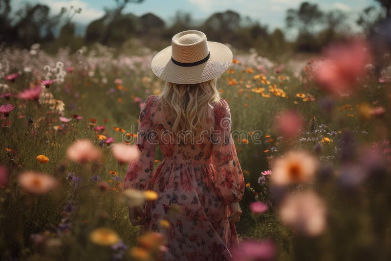 Boho woman in hat seen from behind. flowers field , ai generative vector illustration