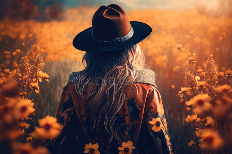 Boho woman in hat seen from behind. flowers field , ai generative stock illustration