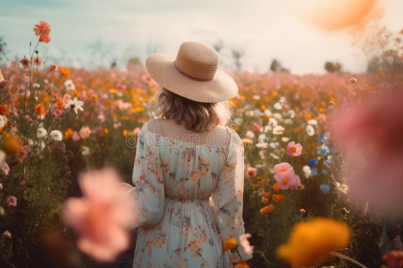 Boho woman in hat seen from behind. flowers field , ai generative vector illustration