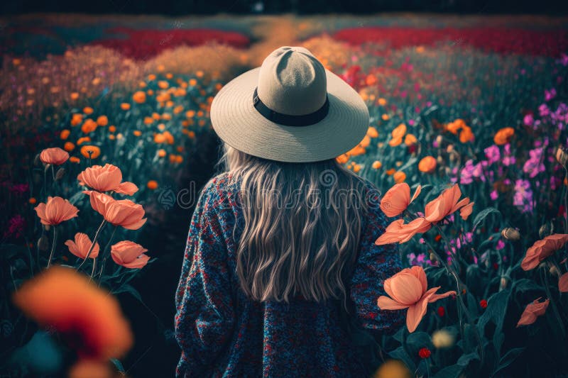 Boho woman in hat seen from behind. flowers field , ai generative stock illustration