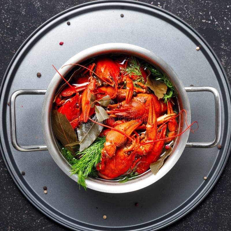 Boiled Crawfish Dill Bay Leaf Boiling Water Saucepan Black Background