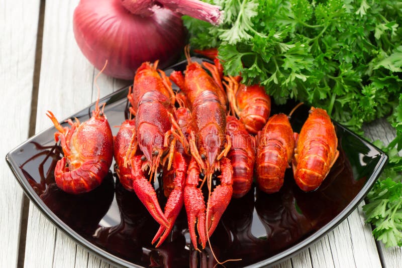 Boiled crawfish. Woden background. Rustic style. Red boiled crawfish on the black rectangular plate. royalty free stock photo