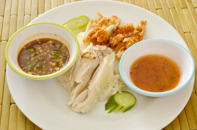 Boiled and Deep Fried Chicken on Cooked Rice with Different Dipping
