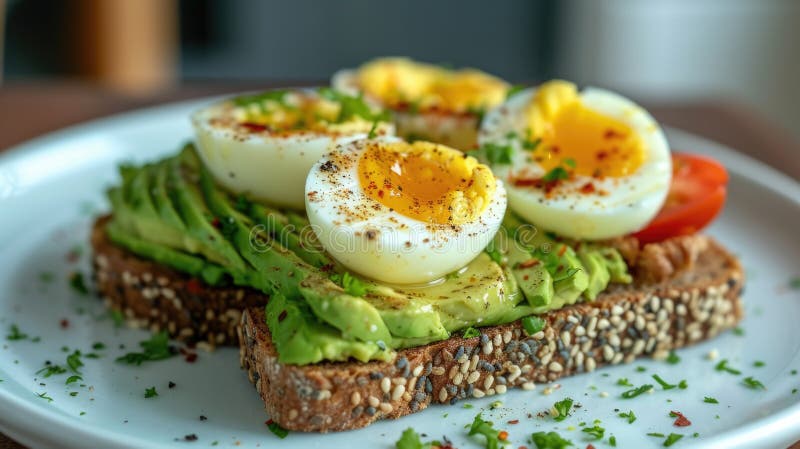 Boiled Egg and Avocado on Multigrain Toast, Healthy Breakfast Stock