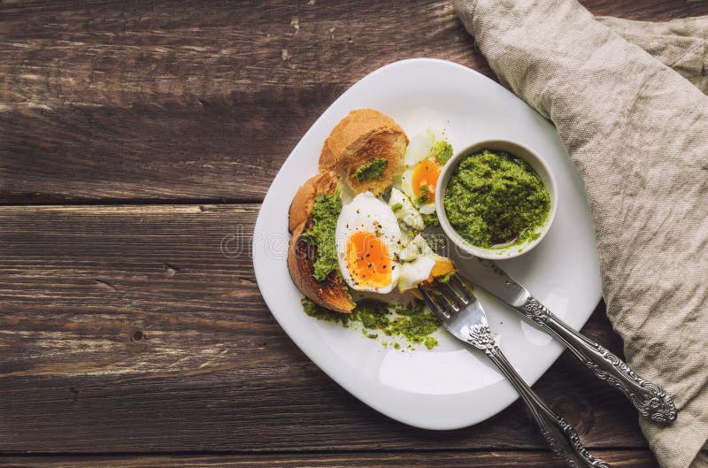Boiled Egg with Toasted Bread and Pesto Sauce Stock Photo Image of