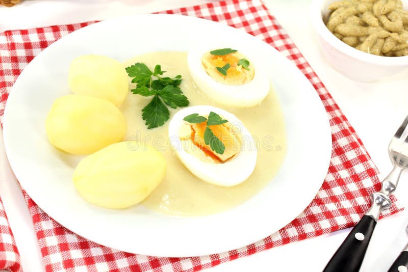 Boiled Eggs With Mustard Potatoes Stock Image - Image of parsley, sauce
