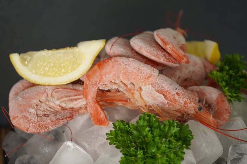 Frozen Red Tiger Prawns on Ice Cubes with Lemon Bites Composition