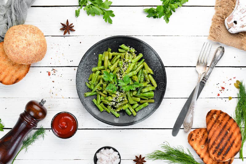 Boiled Green Asparagus Bean. in a Black Plate. Top View Stock Image