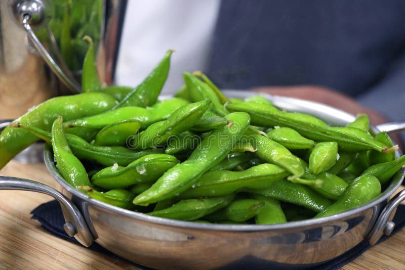 Boiled Green Soybeans in the Pod Ready for Eating Stock Photo Image