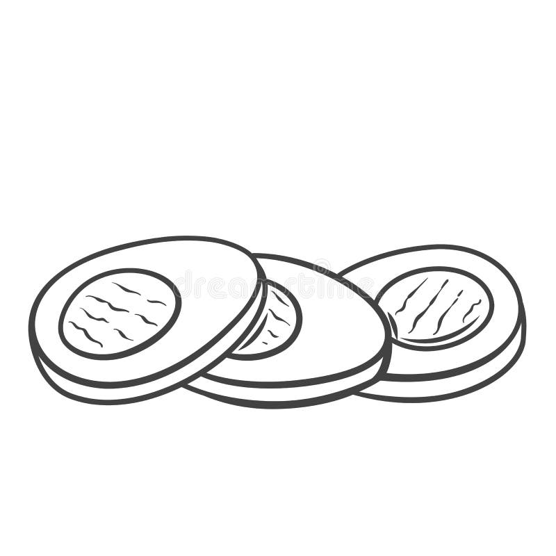 Boiled, half, sliced chicken eggs outline drawn vector illustration.