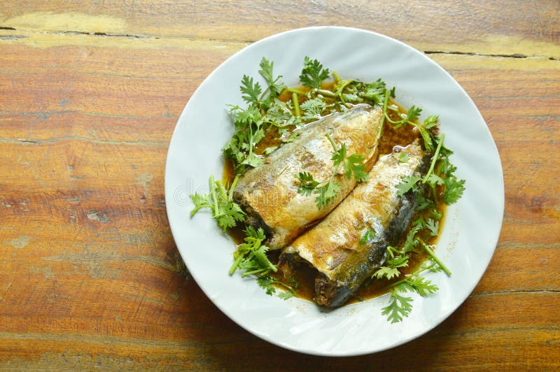 Boiled Mackerel Fish Sauce Soup Topping Parsley on Plate Stock Image