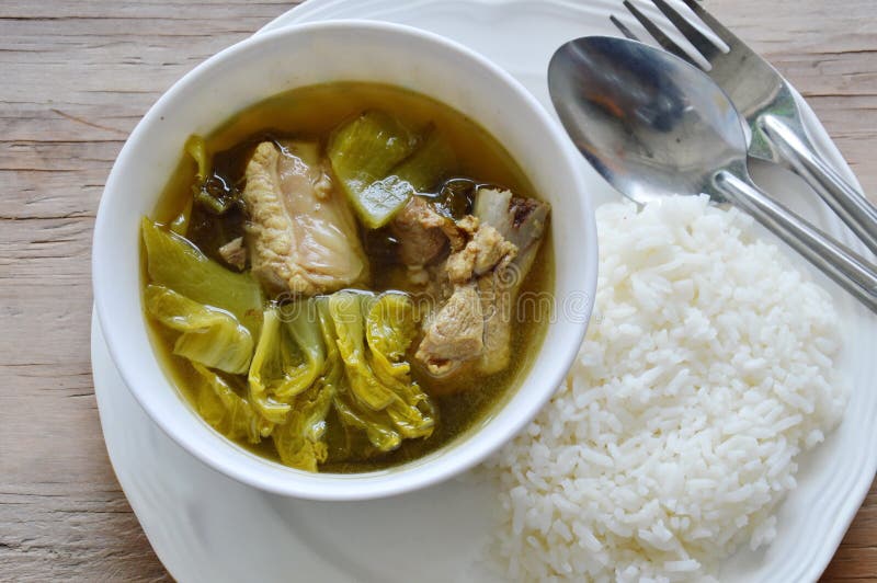 Boiled pickled cabbage and pork ribs soup eat couple with rice