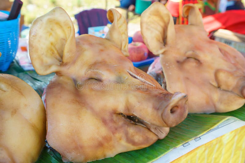 Boiled pigs heads on tray in a butchers shop stock photo Boiled pigs heads on tray in a butchers shop stock photo