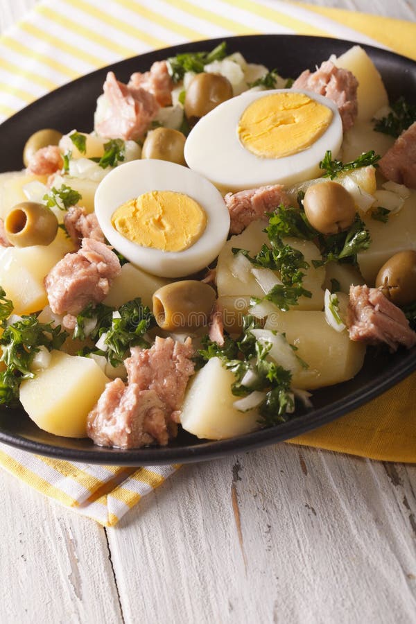 Boiled Potato with Tuna, Eggs, Olives Dressed with Sauce Closeup Stock Image Image of patatas