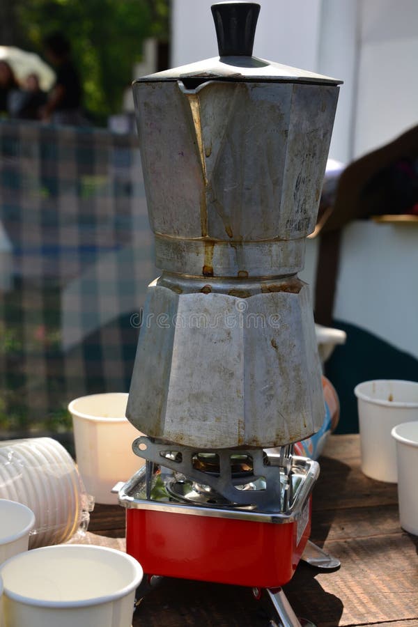 Boiling coffee by Moka pot stock photo. Image of breakfast 96851348
