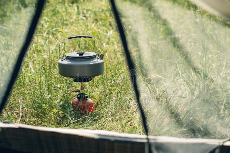 Boiling Water in Kettle on Portable Camping Stove Stock Image Image