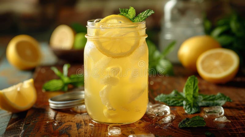 refreshing lemonade served with a lemon slice and mint garnish AI generated. refreshing lemonade served with a lemon slice and mint garnish AI generated