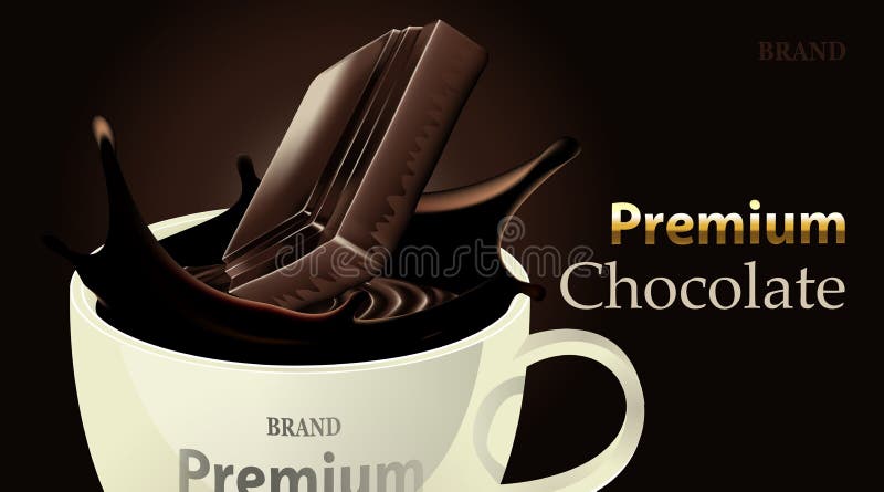 Boisson foncée délicieuse de chocolat dans une tasse et éclabousser le chocolat sur le fond brun de couleur, dessert de luxe illustration libre de droits