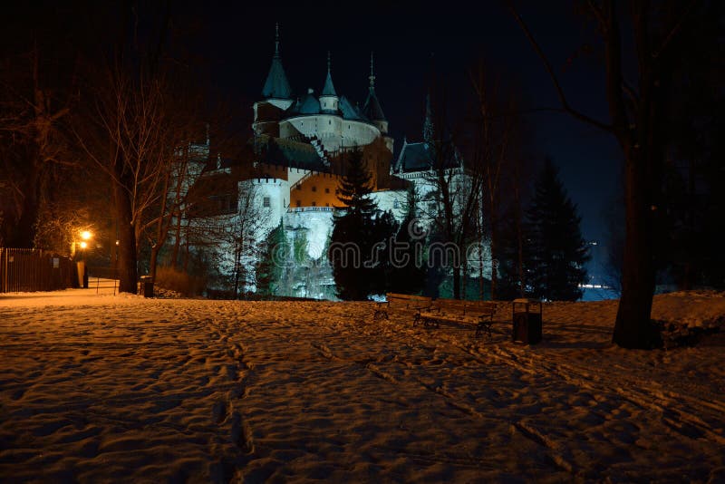 Bojnice castle in winter night.