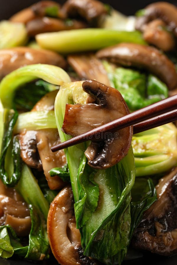 Bok Choy or Pak Choi and Mushroom Stir Fry in Vegetarian Sauce. Healthy