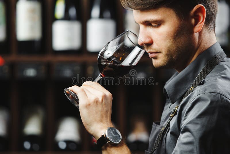 Bokal del vino rojo en el fondo, sommelier masculino que aprecia la bebida fotos de archivo Bokal del vino rojo en el fondo, sommelier masculino que aprecia la bebida fotos de archivo