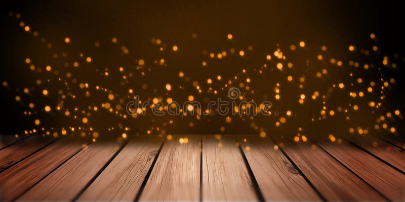 Bokeh alaranjado das luzes do sumário na perspectiva de madeira da tabela da prateleira da placa