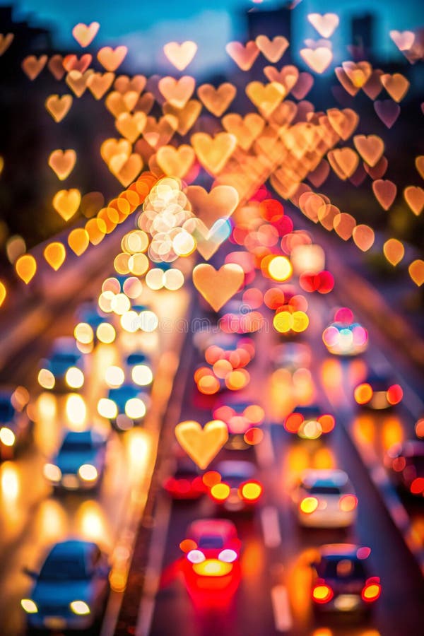 Bokeh con forma de corazón de luces de auto en carretera. Un efecto de boquilla en forma de corazón creado por las luces de los coches en un cruce de tráfico que crea un ambiente artístico romántico. Perfecto para la fotografía creativa bokeh y nocturna.