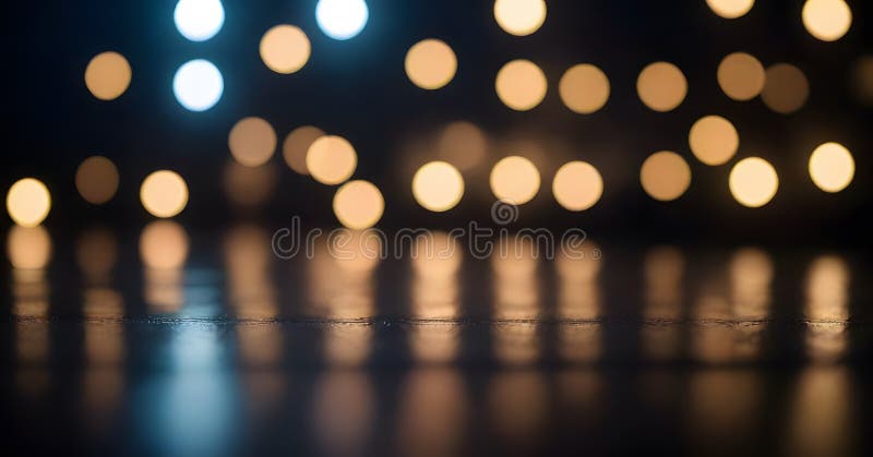 Lumini și reflexie nocturnă. Un tipar fascinant al luminilor cu două lumini, cu intensitate variată, reflectând pe o suprafață lucioasă și creând un sentiment de minuni și de alură nocturnă. generate de