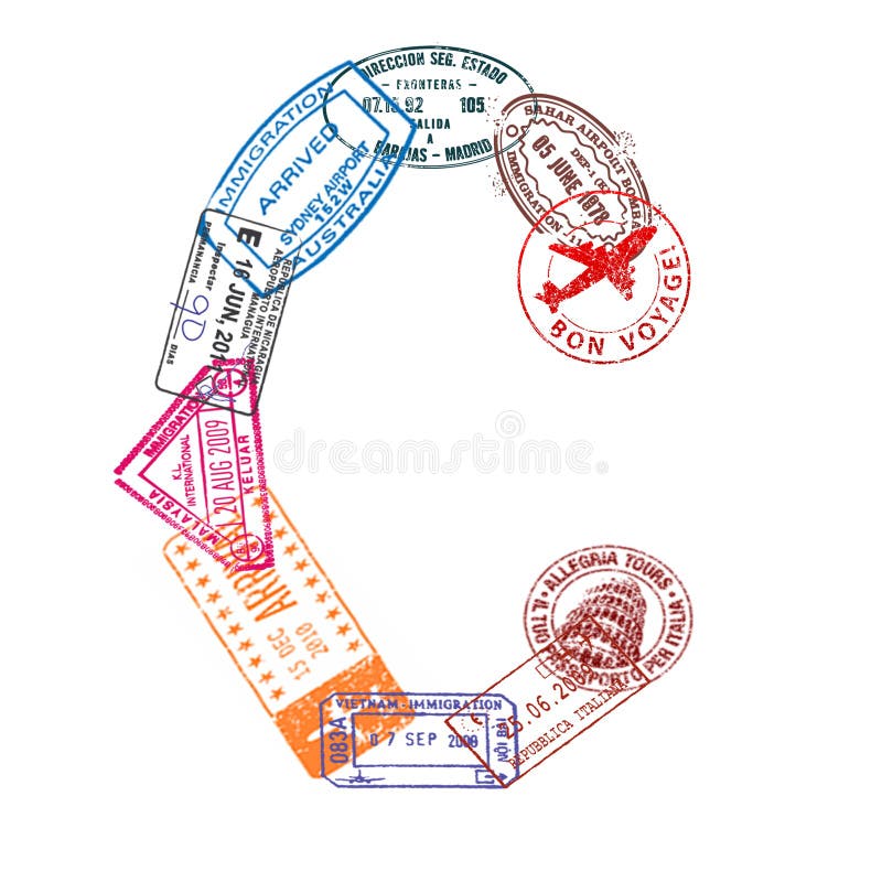 Bokstav C som göras av internationellt pass, stämplar på en vit bakgrund isolerat stock illustrationer Bokstav C som göras av internationellt pass, stämplar på en vit bakgrund isolerat stock illustrationer