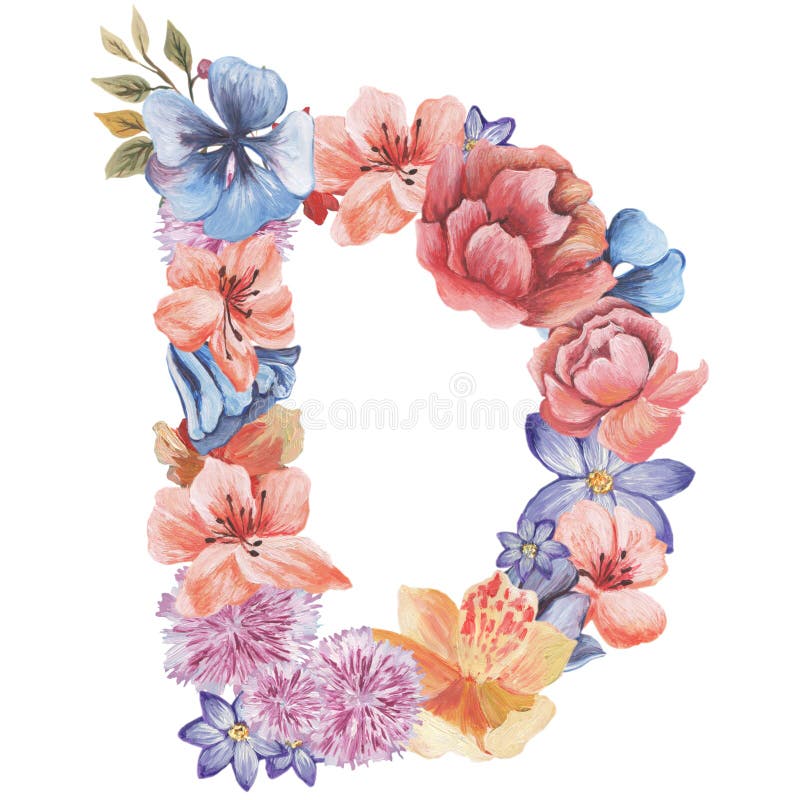 Bokstav D av vattenfärgblommor, isolerad hand som dras på en vit bakgrund som gifta sig design, engelskt alfabet vektor illustrationer Bokstav D av vattenfärgblommor, isolerad hand som dras på en vit bakgrund som gifta sig design, engelskt alfabet vektor illustrationer