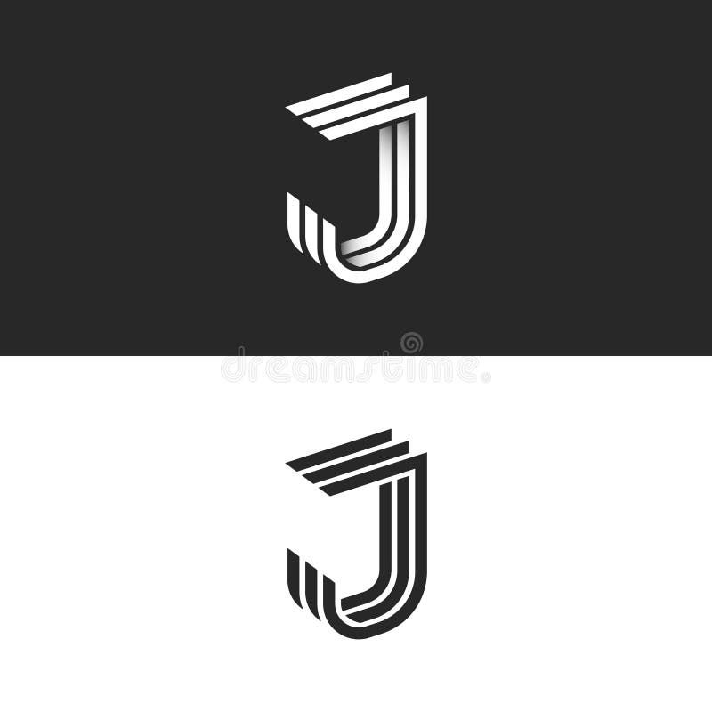Bokstav för logo J i den isometriska stilsortsinitialmonogrammet, svartvita 3d geometriska parallella linjer form med skuggalutni