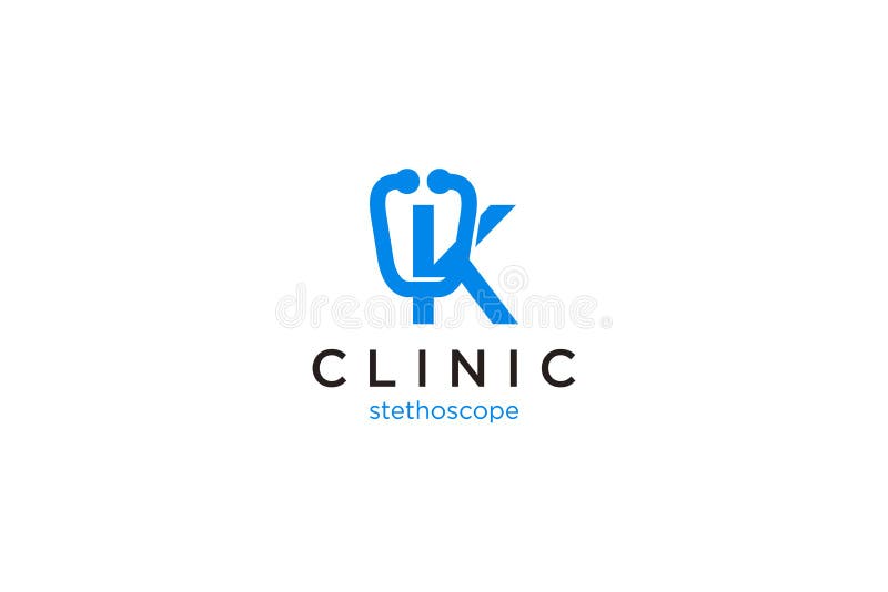 Bokstav k logotyp med stethoscope for medical and farmaceutisk and vektor illustrationer