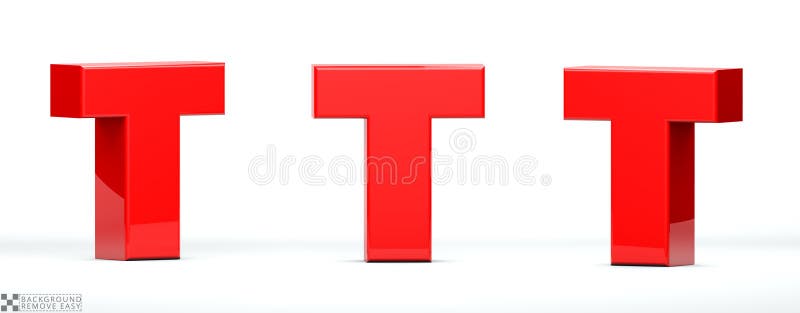 Letter T, of red color in 3 positions. 3d Render illustration at different angles: Front, right side,. Letter T, of red color in 3 positions. 3d Render illustration at different angles: Front, right side,