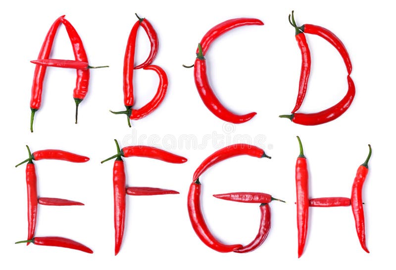 Bokstaven A, B, C, D, E, F, G, H komponerade av peppar för den röda chili