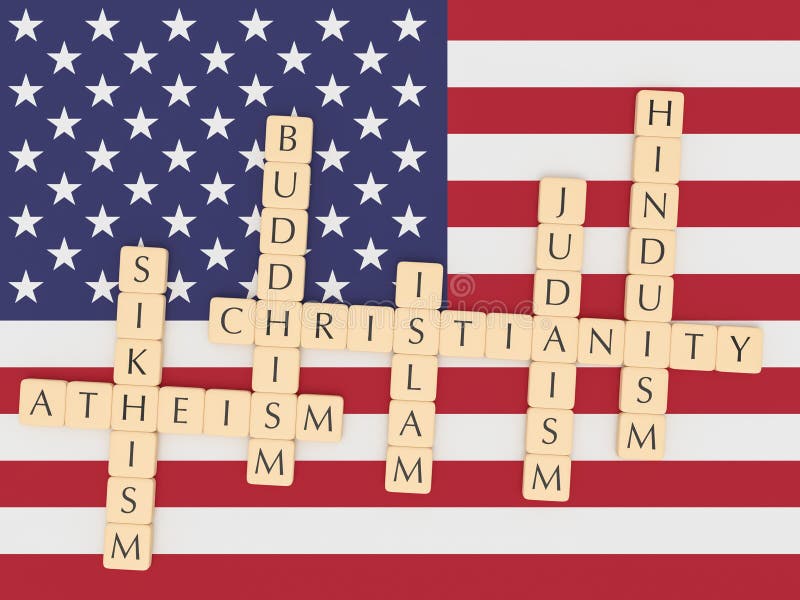 Bokstaven belägger med tegel kristendomen, islam, judendom, buddism, Hinduism, sikhismen, ateism med USA-flaggan, illustrationen