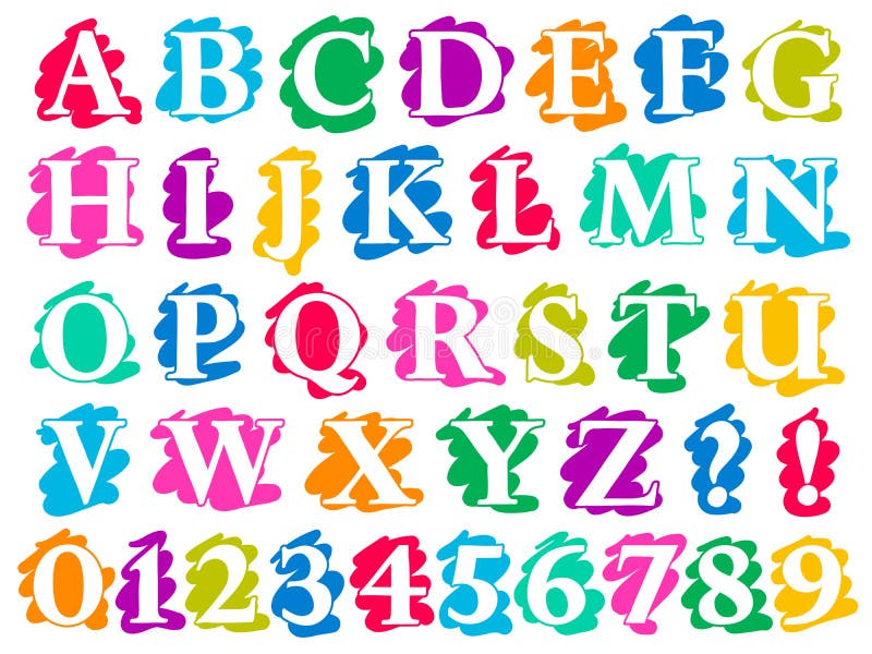 Bokstäver och siffror för alfabet för färgklotterfärgstänk