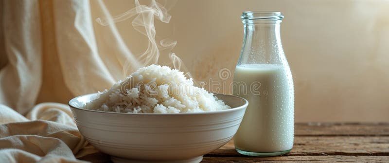 Bol de orez fiert lângă o sticlă de lapte proaspăt pe o masă gata pentru o delicioasă masă de casă sau o gustare. stock photography